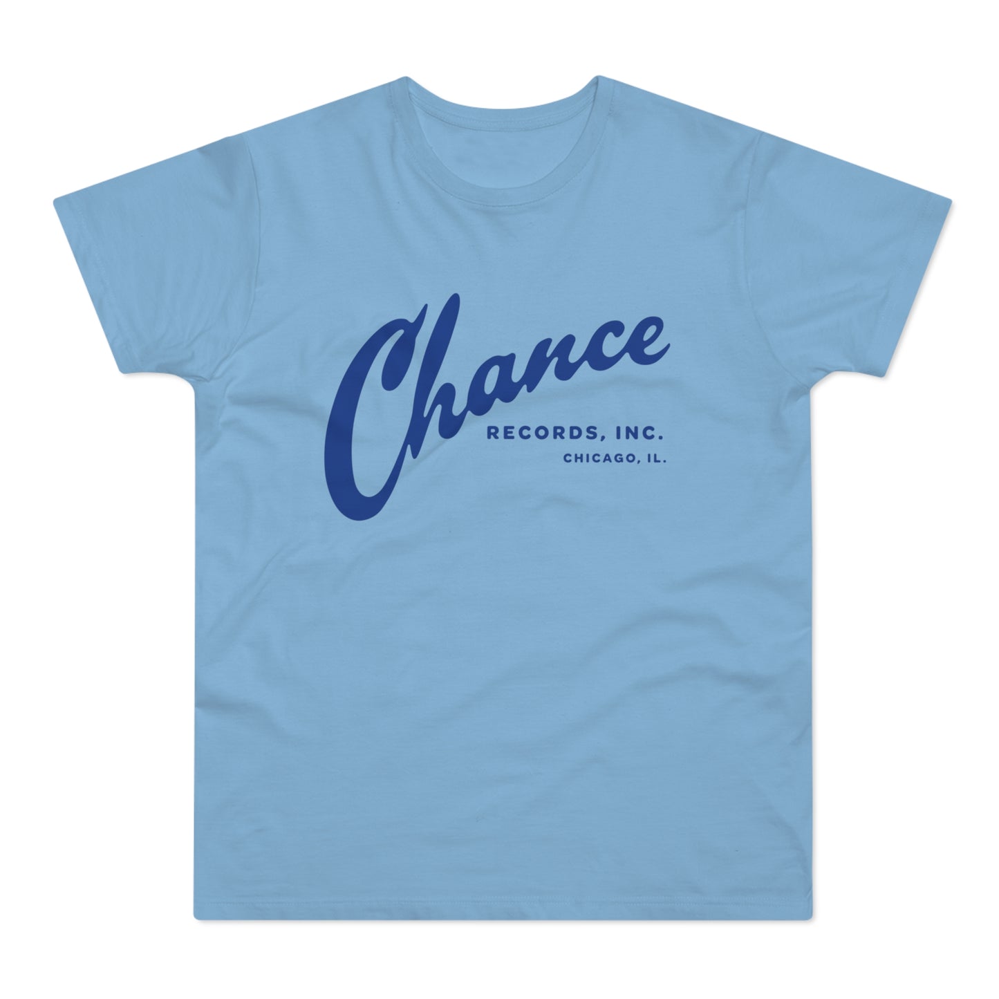 Light blue t-shirt with navy blue Chance Records Inc. Chicago, IL logo.