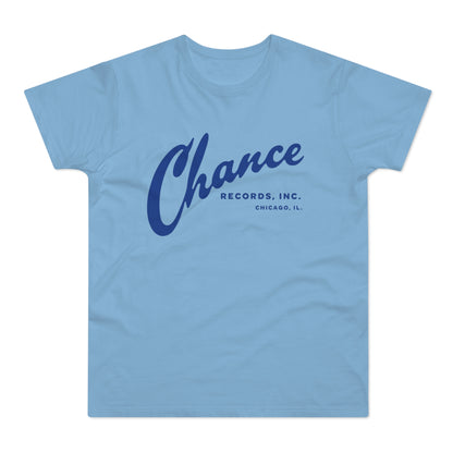 Light blue t-shirt with navy blue Chance Records Inc. Chicago, IL logo.
