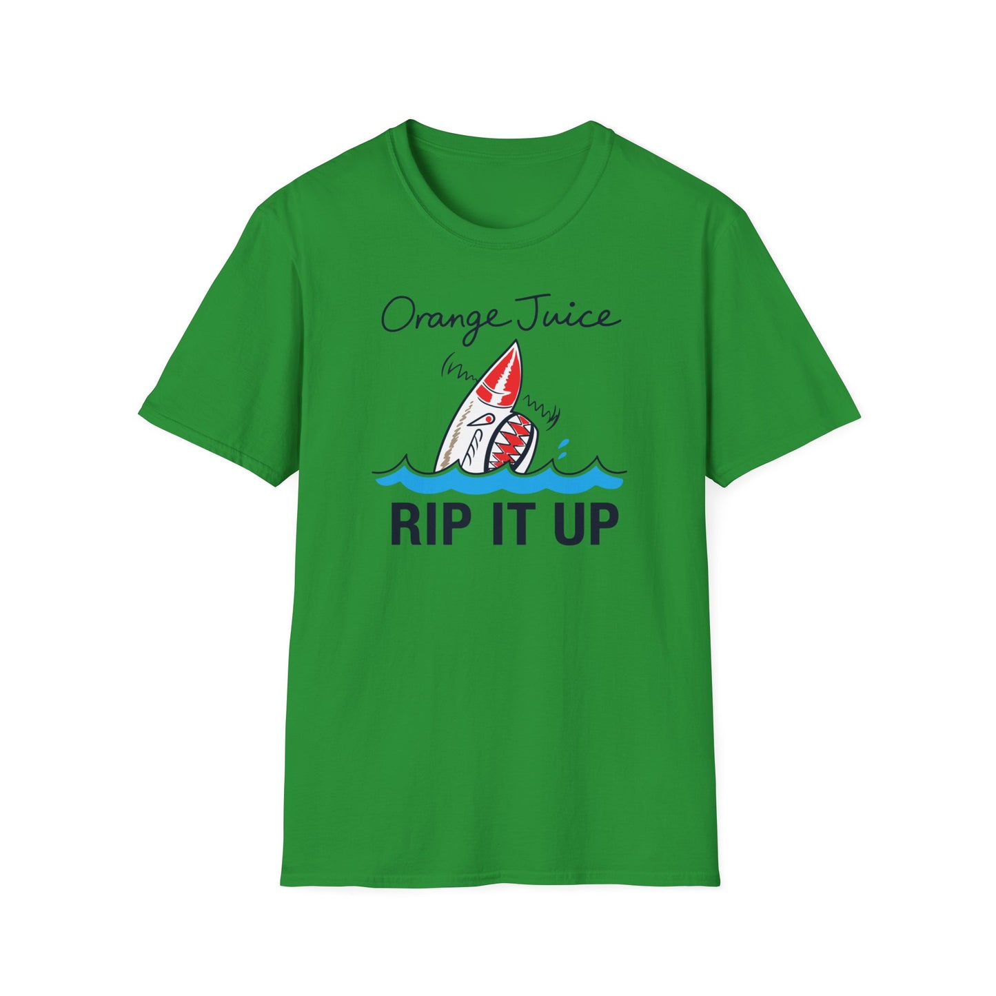 Green t-shirt with a shark graphic and text "Orange Juice RIP IT UP".