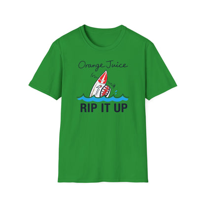 Green t-shirt with a shark graphic and text "Orange Juice RIP IT UP".