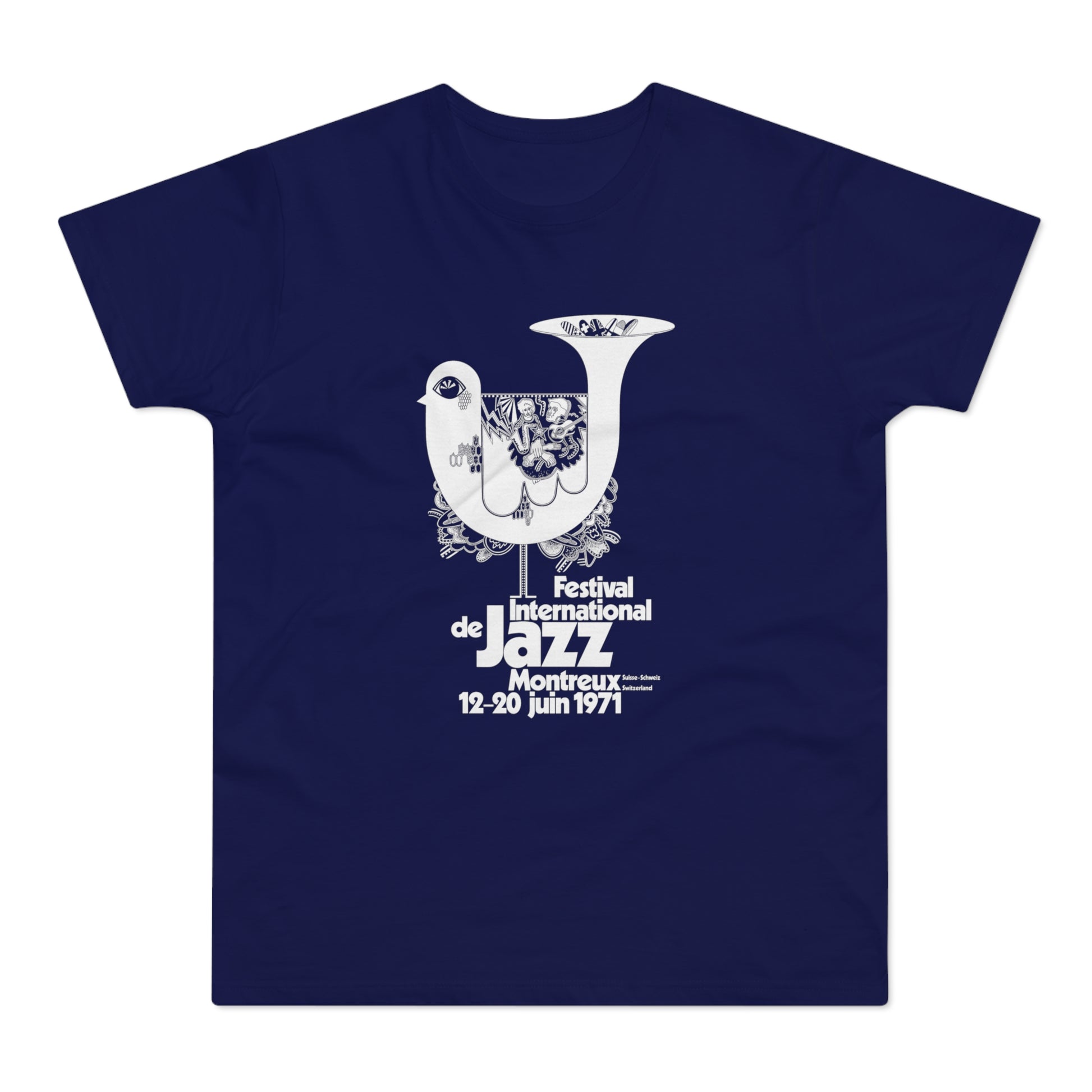 White Festival International de Jazz Montreux 1971 design on navy blue t-shirt.