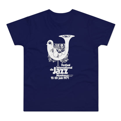 White Festival International de Jazz Montreux 1971 design on navy blue t-shirt.
