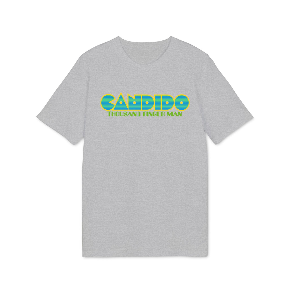 Gray t-shirt with "CANDIDO" and "THOUSAND FINGER MAN" text.