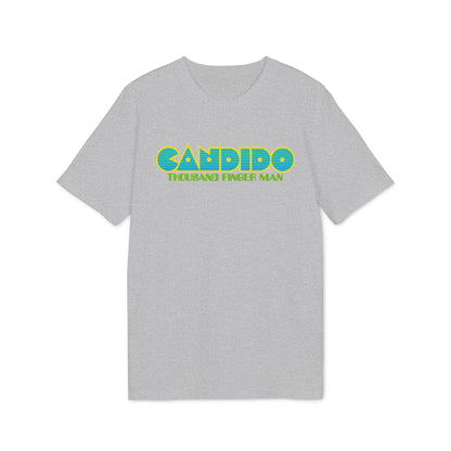 Gray t-shirt with "CANDIDO" and "THOUSAND FINGER MAN" text.