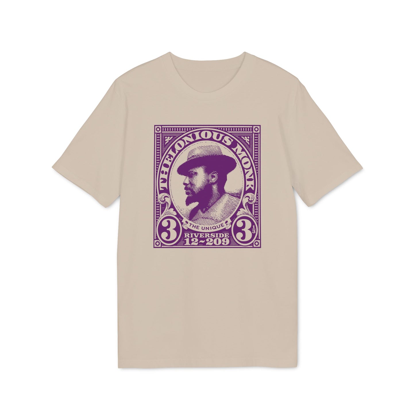 Thelonious Monk portrait in a stamp design on a tan t-shirt.