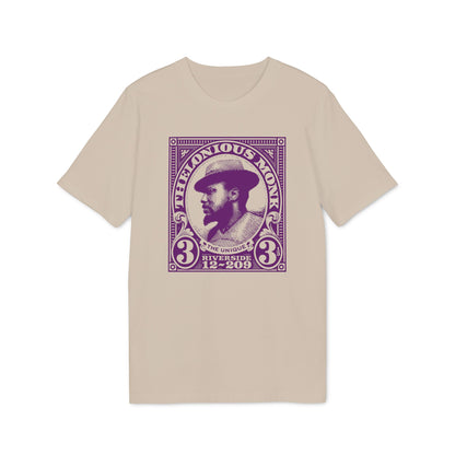 Thelonious Monk portrait in a stamp design on a tan t-shirt.