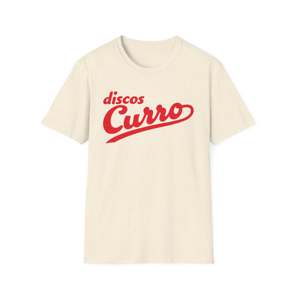 Cream t-shirt with red "discos Curro" text logo.