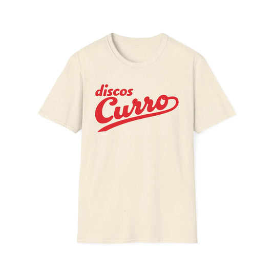 Cream t-shirt with red "discos Curro" text logo.