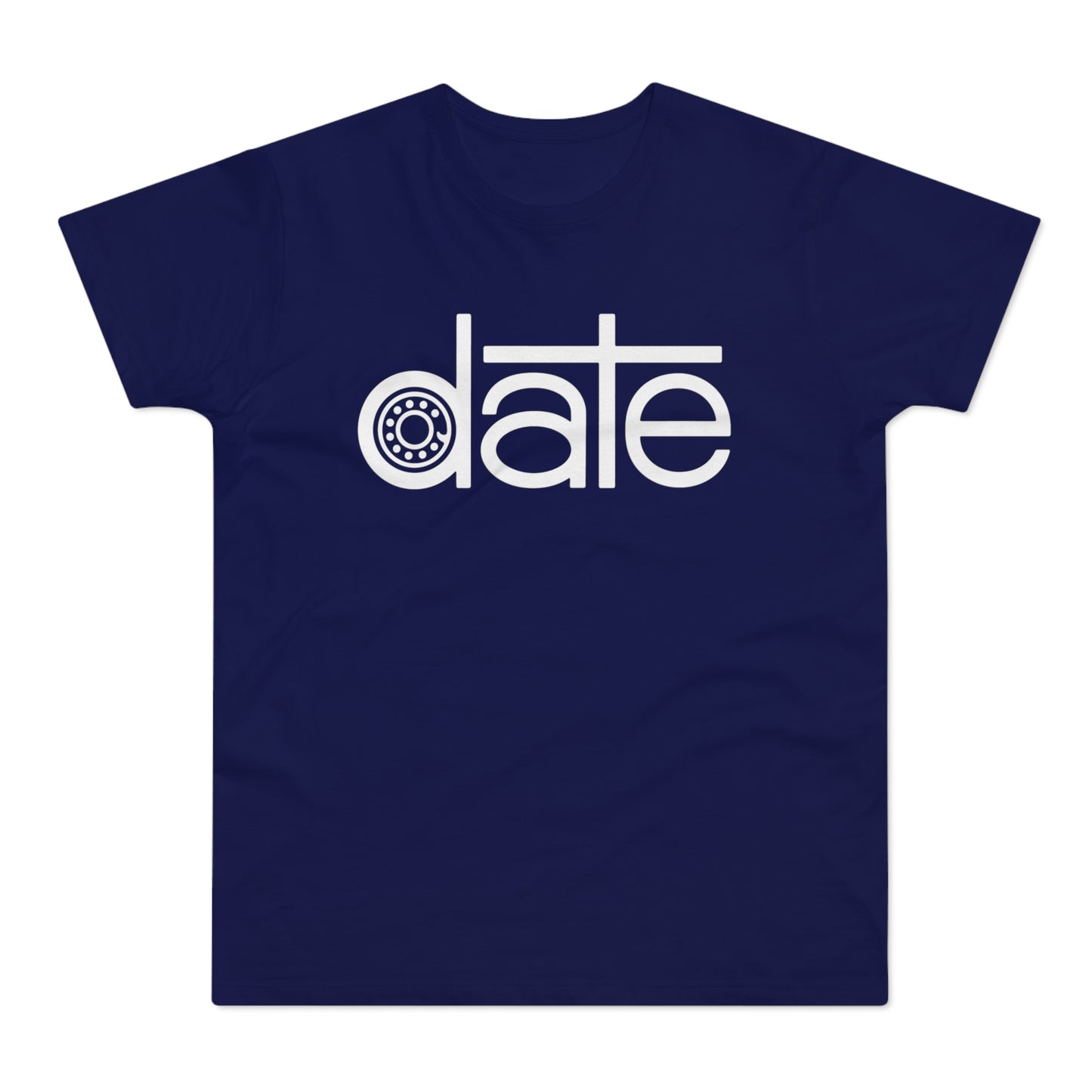 Navy t-shirt with white text and a bearing graphic spelling "date".