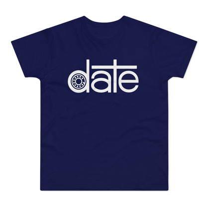 Navy t-shirt with white text and a bearing graphic spelling "date".