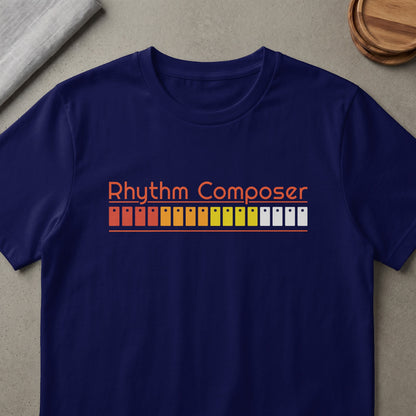 Navy t-shirt with orange text "Rhythm Composer" and drum machine pads graphic.