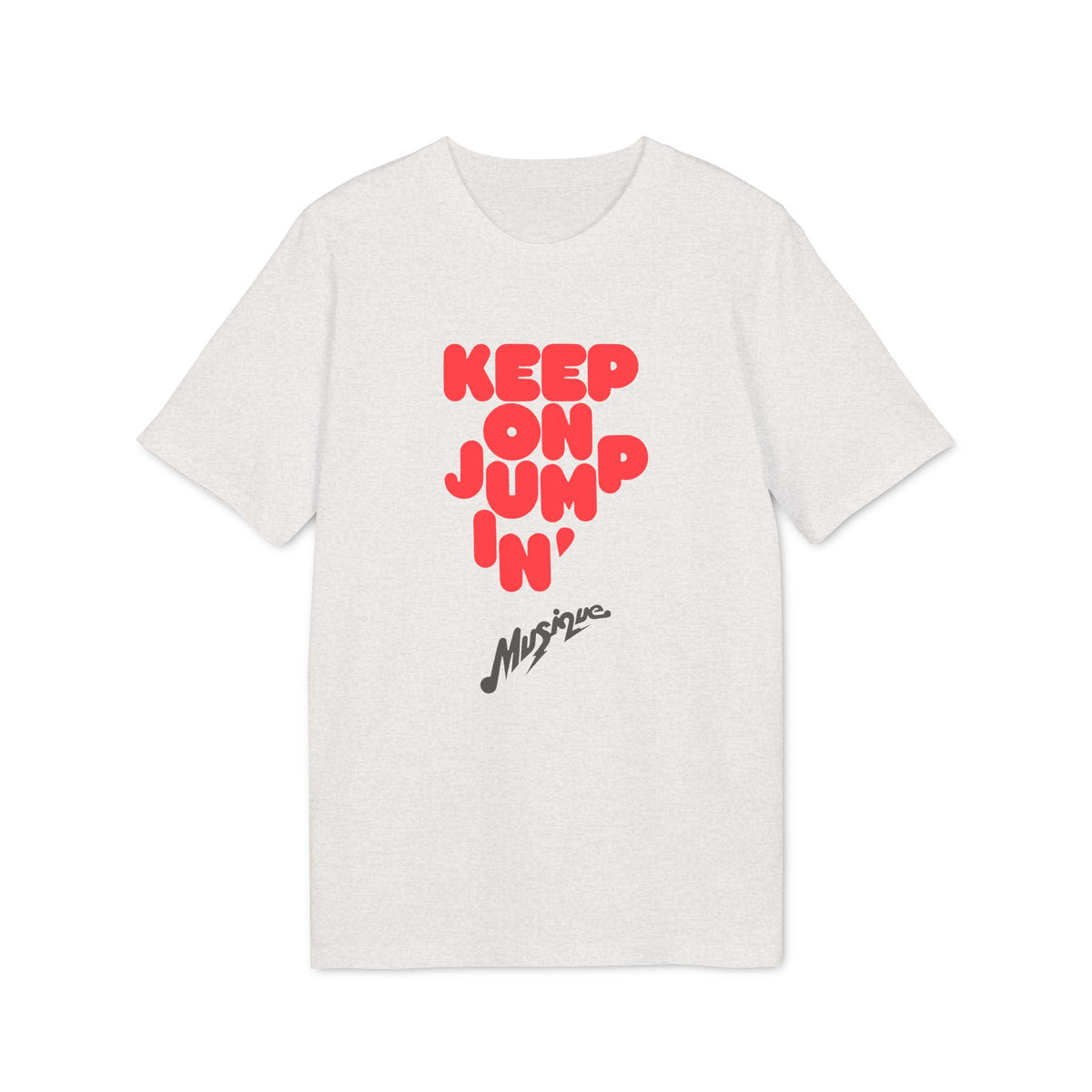 Light grey t-shirt with red "KEEP ON JUMPIN'" and "Musique" text.