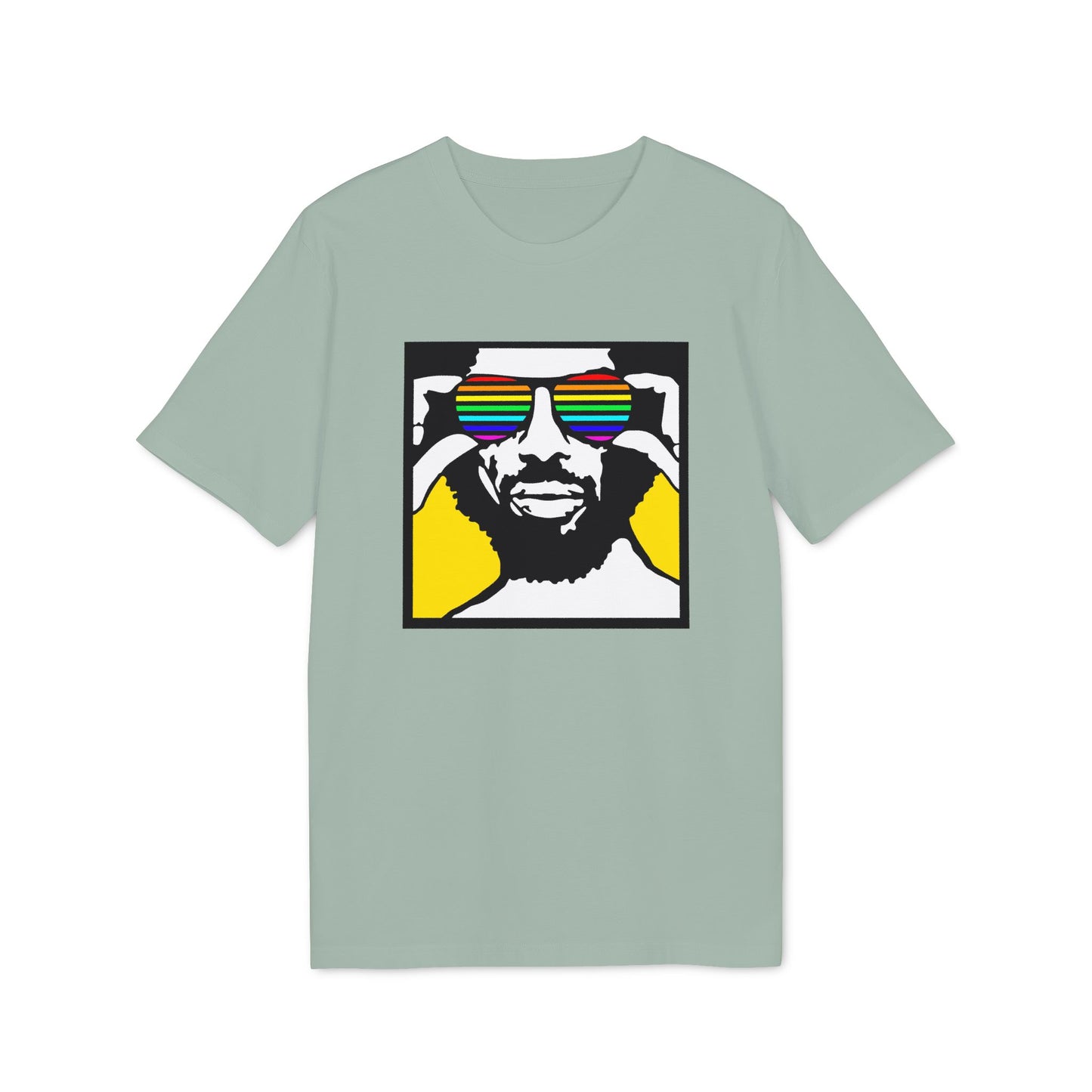Man wearing rainbow sunglasses on a light green t-shirt.