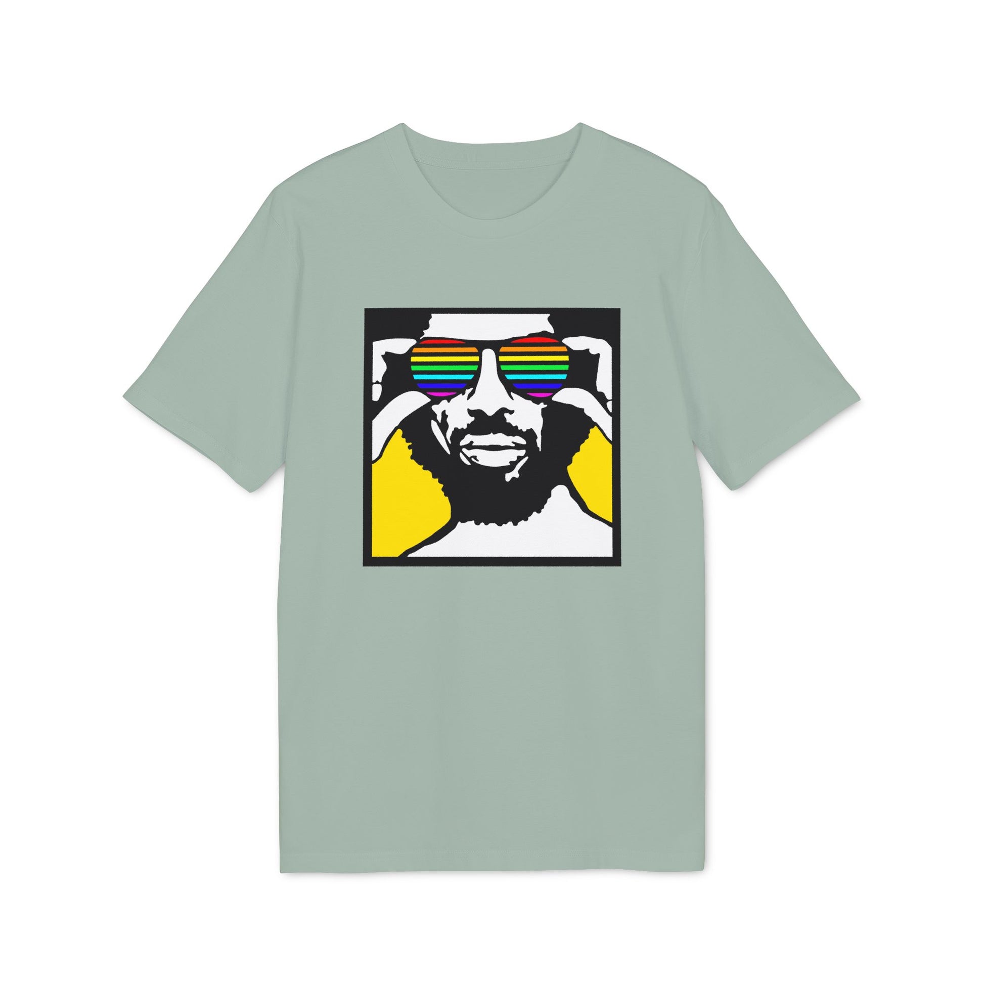 Man wearing rainbow sunglasses on a light green t-shirt.