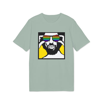 Man wearing rainbow sunglasses on a light green t-shirt.