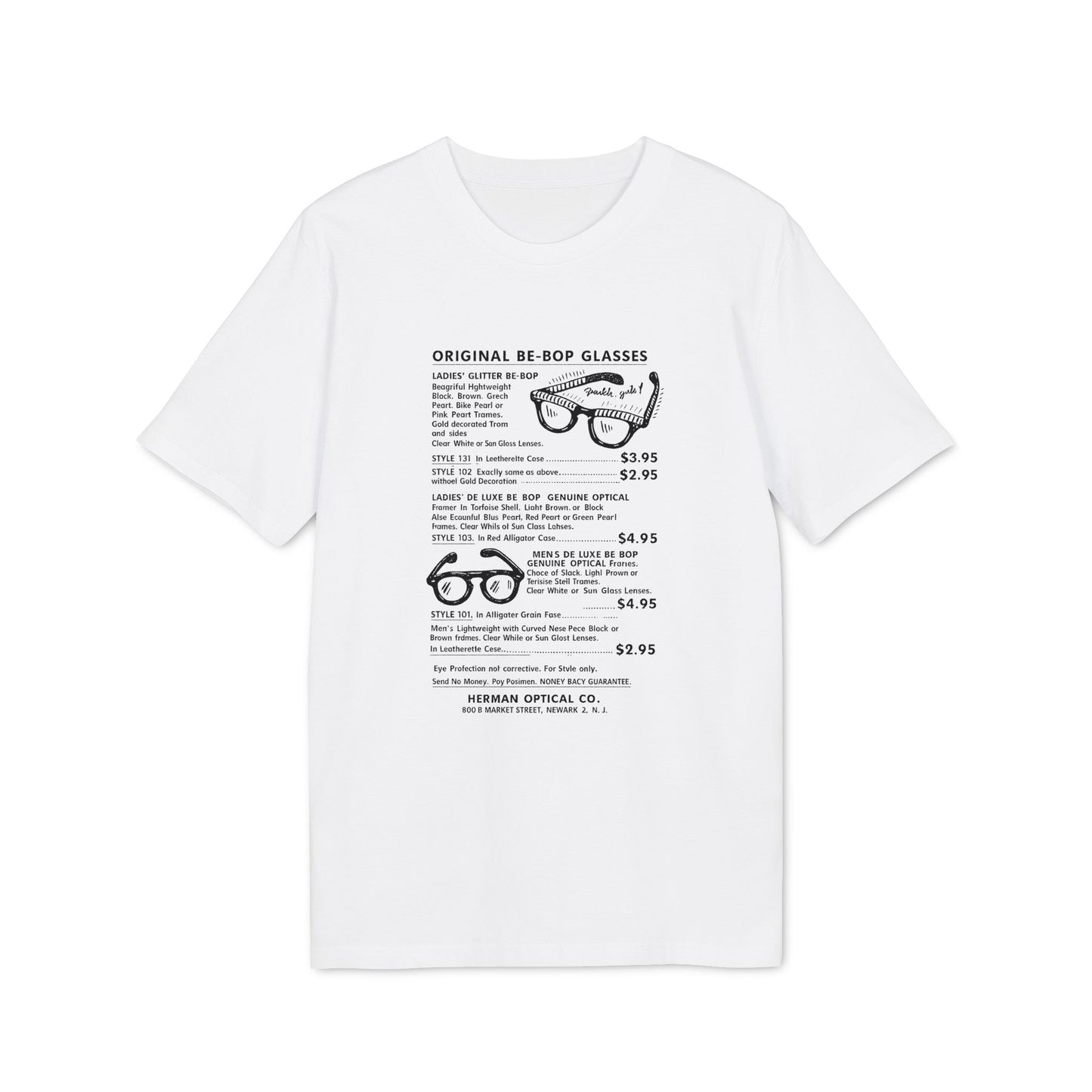 White t-shirt with text detailing original Be-Bop glasses styles and prices.