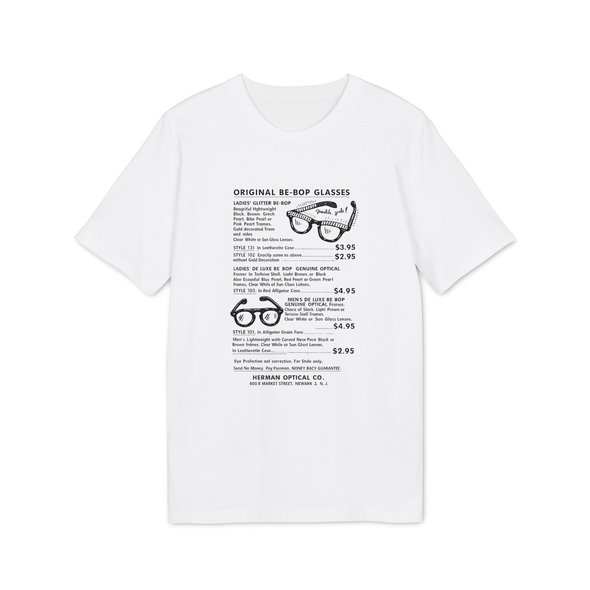 White t-shirt with text detailing original Be-Bop glasses styles and prices.