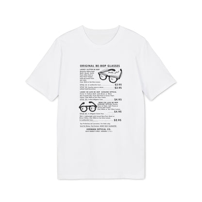 White t-shirt with text detailing original Be-Bop glasses styles and prices.