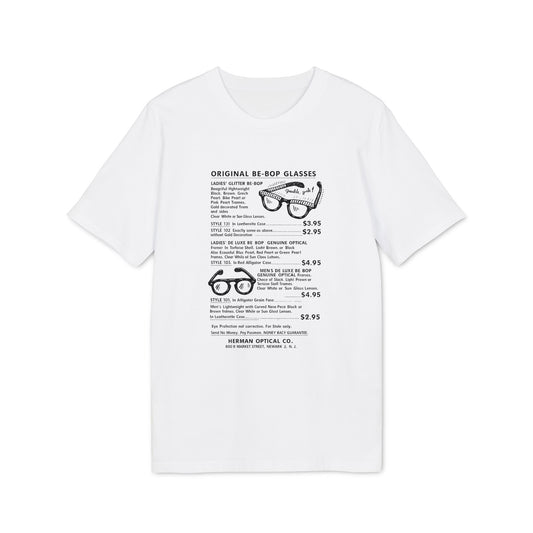 White t-shirt with text detailing original Be-Bop glasses styles and prices.
