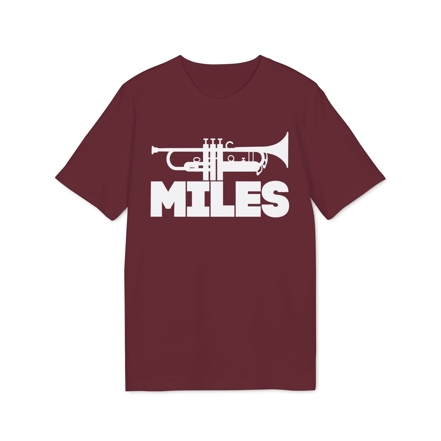 Maroon t-shirt with white trumpet graphic and "MILES" text.