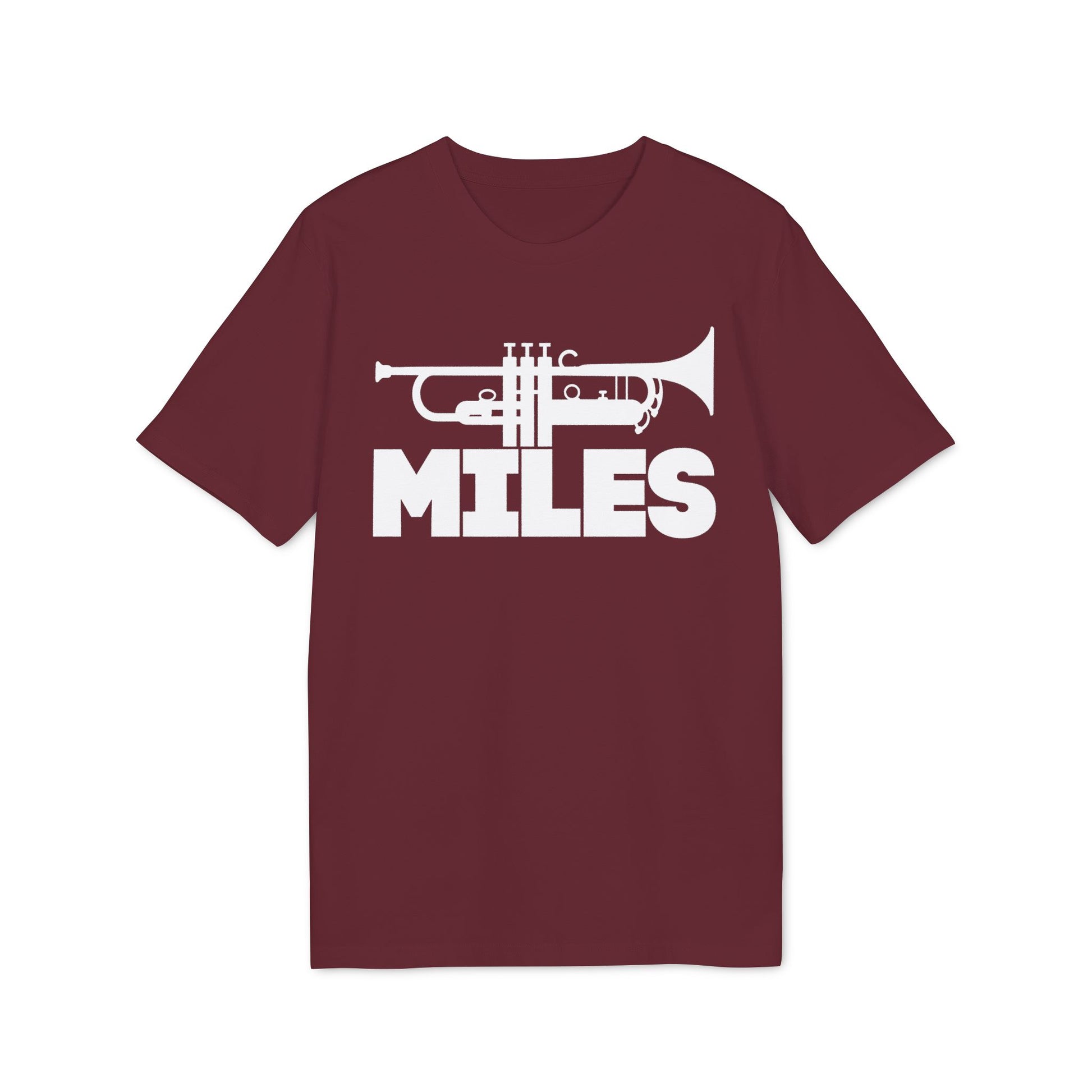 Maroon t-shirt with white trumpet graphic and "MILES" text.