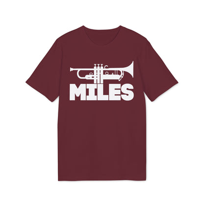 Maroon t-shirt with white trumpet graphic and "MILES" text.