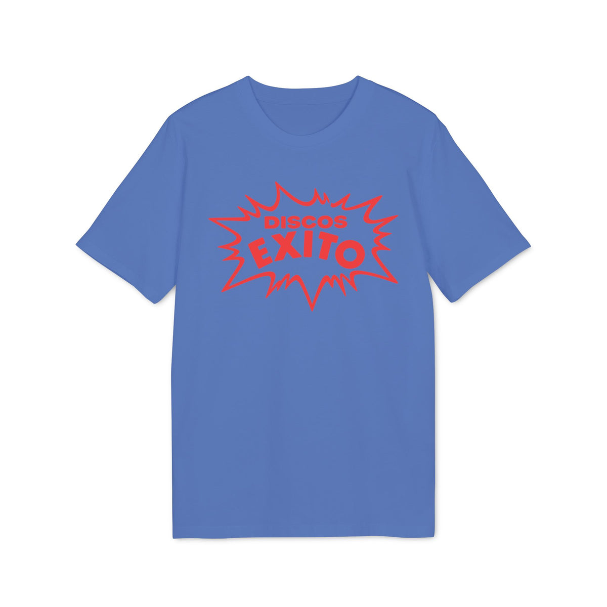 Blue t-shirt with red "DISCOS EXITO" text in a burst shape.