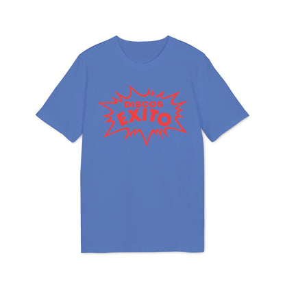 Blue t-shirt with red "DISCOS EXITO" text in a burst shape.
