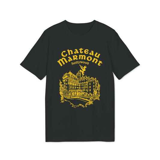Black t-shirt with yellow Chateau Marmont Hollywood graphic and building illustration.