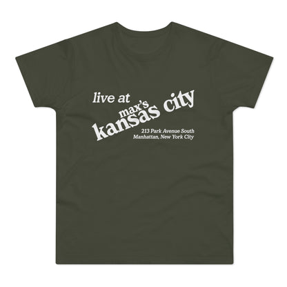 Green t-shirt with white text: "live at max's kansas city 213 Park Avenue South Manhattan, New York City".