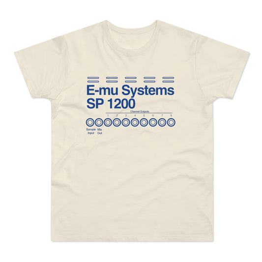 Cream t-shirt with "E-mu Systems SP 1200" and 8 channel outputs.