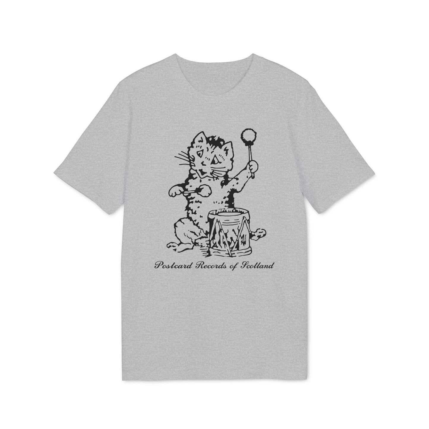 Grey t-shirt with a black illustration of a cat playing a drum, with text below.