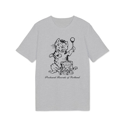 Grey t-shirt with a black illustration of a cat playing a drum, with text below.