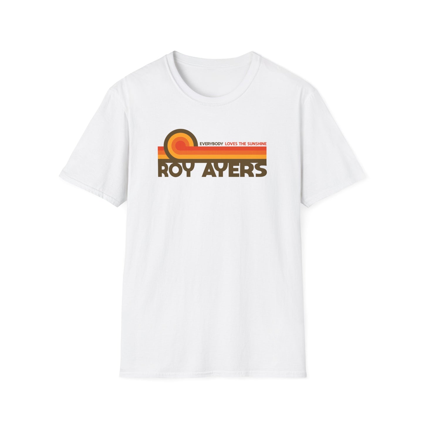 White t-shirt with retro graphic and text "Roy Ayers Everybody Loves The Sunshine."