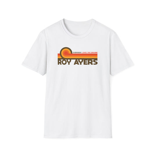 White t-shirt with retro graphic and text "Roy Ayers Everybody Loves The Sunshine."