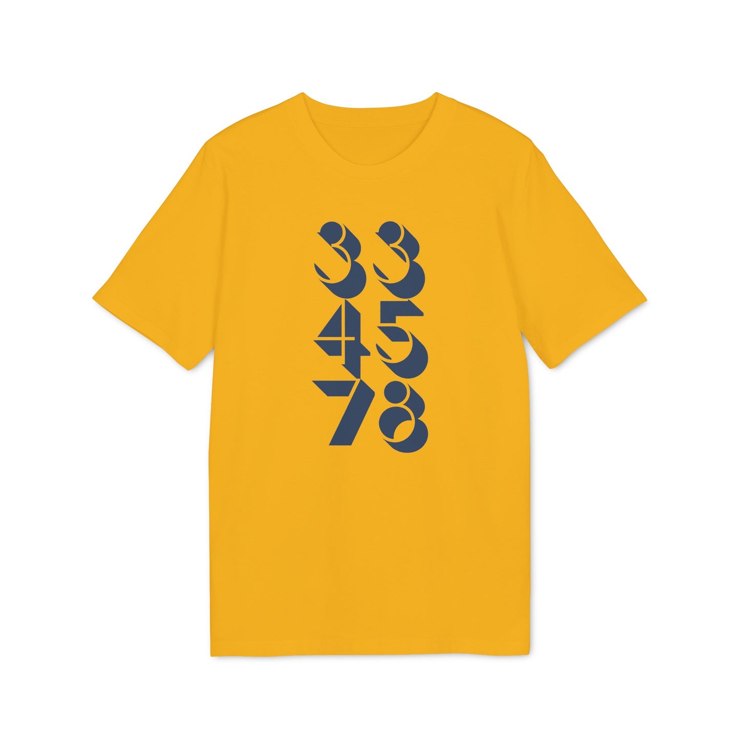 Yellow t-shirt with blue numbers 33, 45, and 78 in a vertical stack