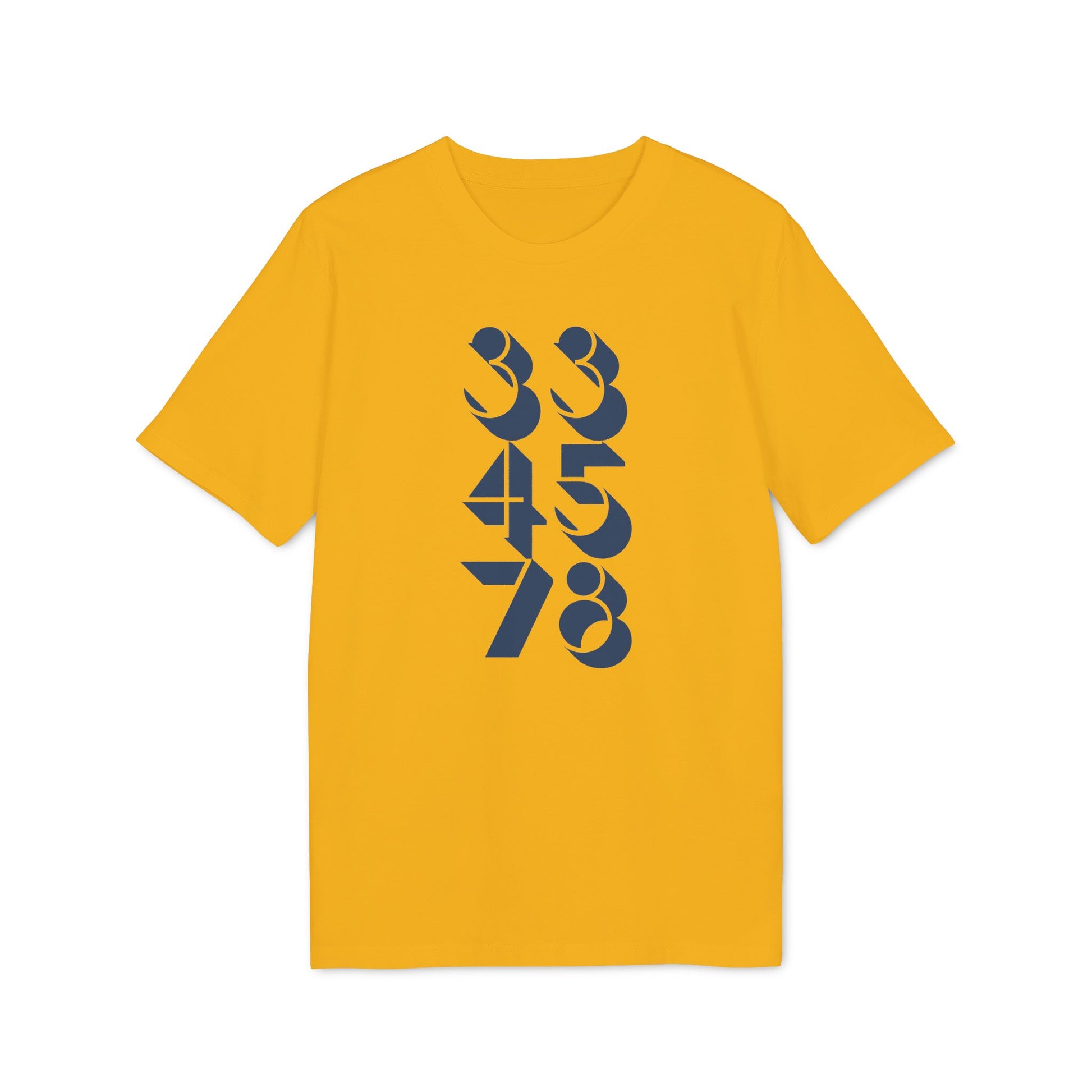 Yellow t-shirt with blue numbers 33, 45, and 78 in a vertical stack