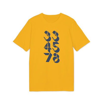 Yellow t-shirt with blue numbers 33, 45, and 78 in a vertical stack