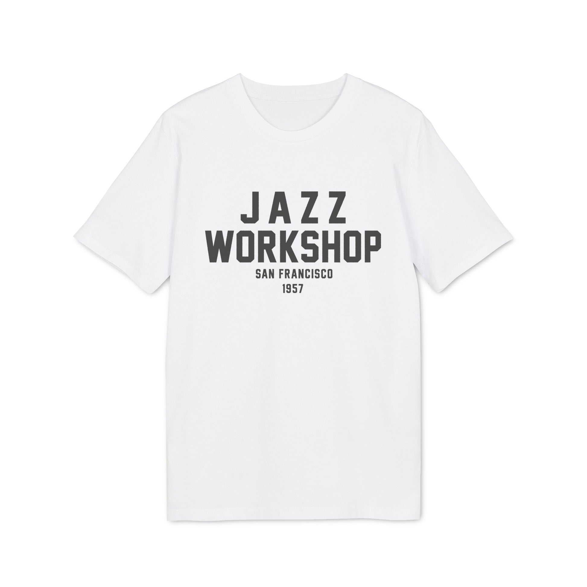 White t-shirt with "JAZZ WORKSHOP SAN FRANCISCO 1957" text.