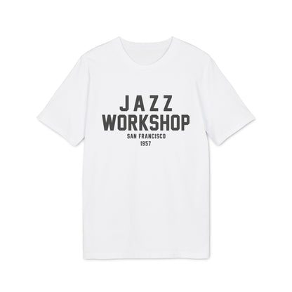 White t-shirt with "JAZZ WORKSHOP SAN FRANCISCO 1957" text.