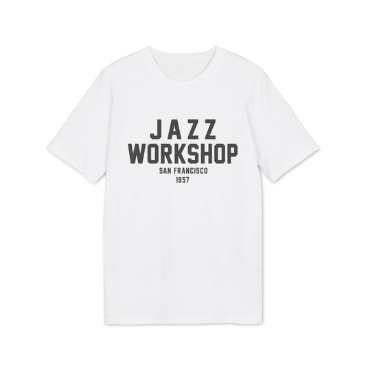 White t-shirt with "JAZZ WORKSHOP SAN FRANCISCO 1957" text.