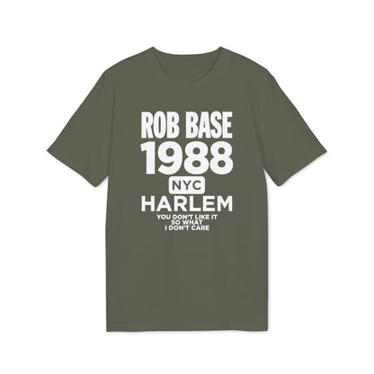 Olive green t-shirt with "Rob Base 1988 NYC Harlem" text and song lyrics.