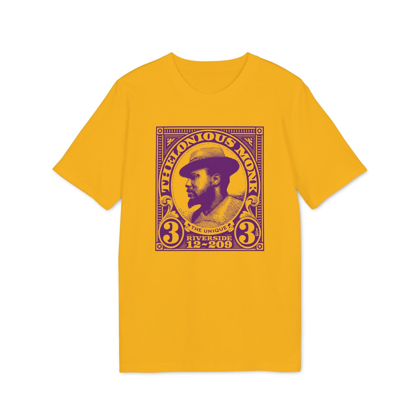 Thelonious Monk portrait on yellow t-shirt with purple graphic: 3.13 Riverside 12-209.