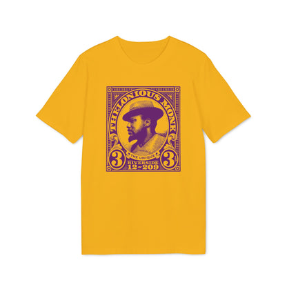 Thelonious Monk portrait on yellow t-shirt with purple graphic: 3.13 Riverside 12-209.
