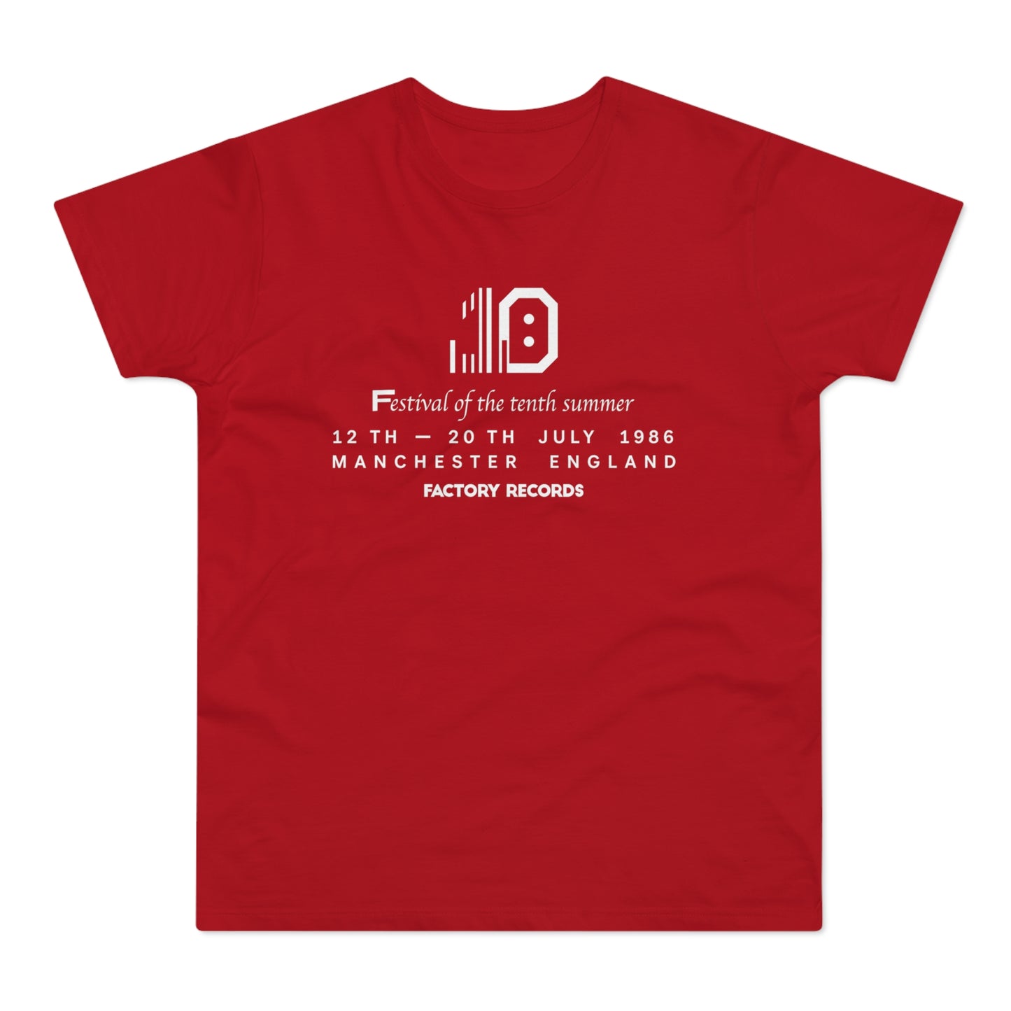 Red t-shirt with "Festival of the tenth summer 1986 Manchester England Factory Records" text.