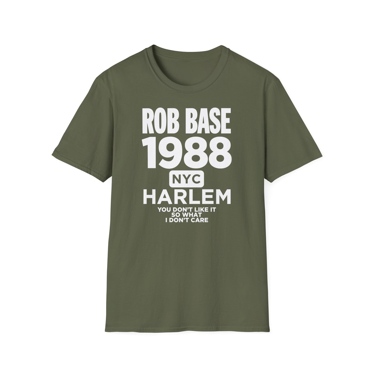 Olive green t-shirt with "Rob Base 1988 NYC Harlem" text.