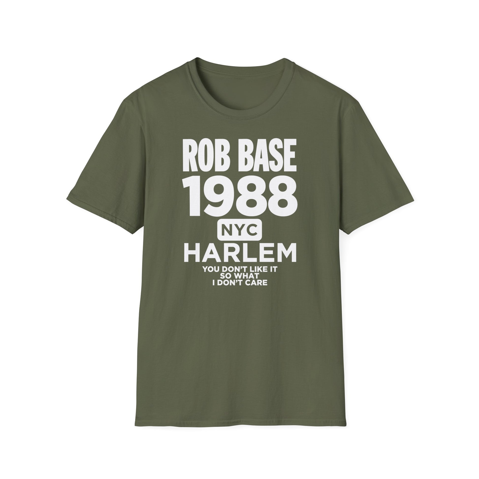 Olive green t-shirt with "Rob Base 1988 NYC Harlem" text.