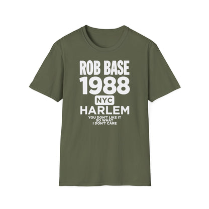 Olive green t-shirt with "Rob Base 1988 NYC Harlem" text.