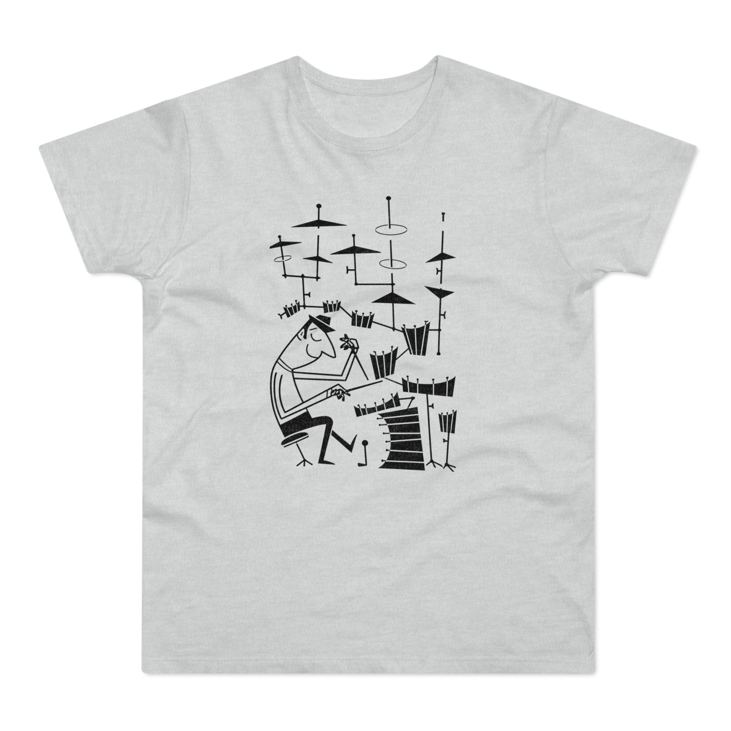 Illustration of a man playing drums with a stylized drum set and cymbals.
