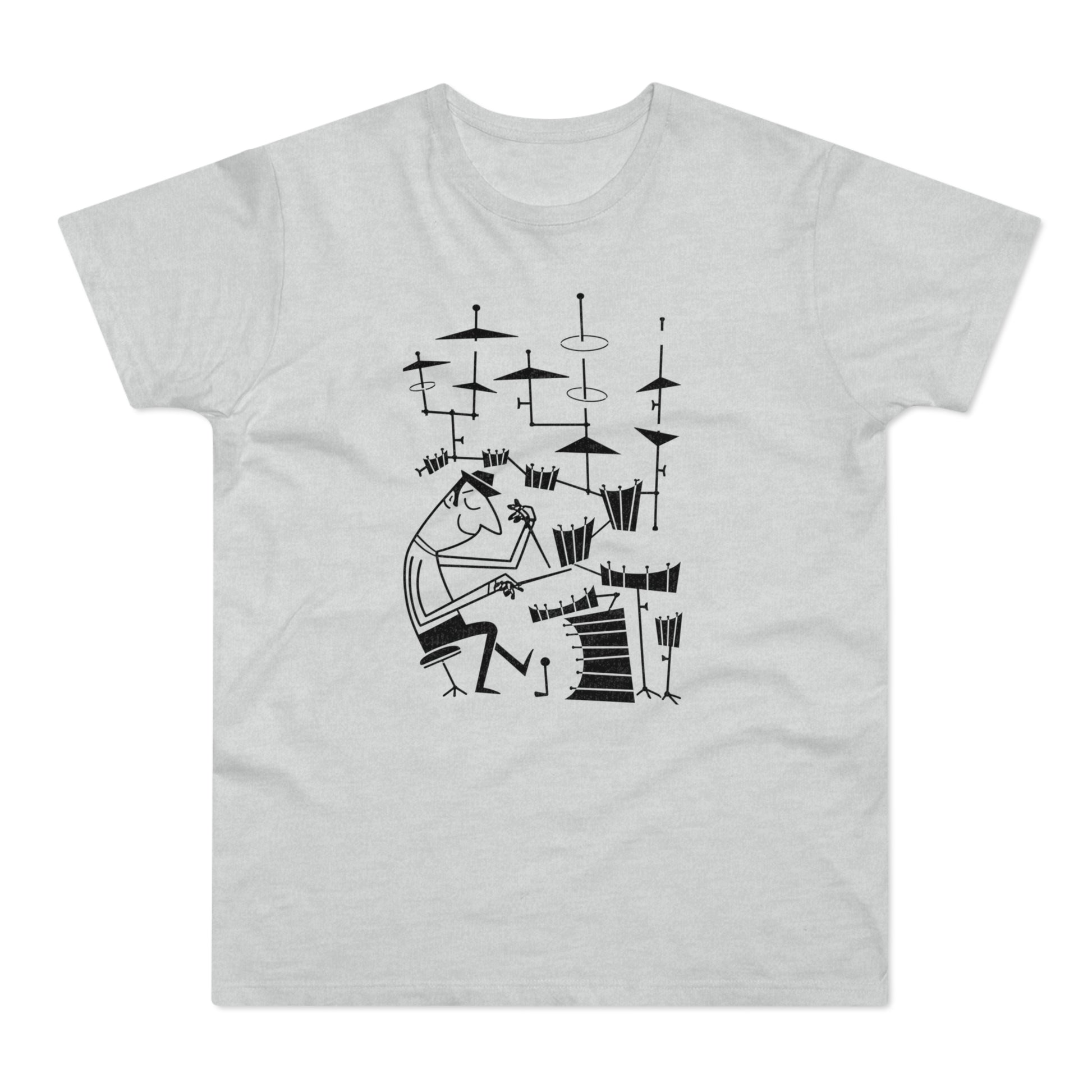 Illustration of a man playing drums with a stylized drum set and cymbals.